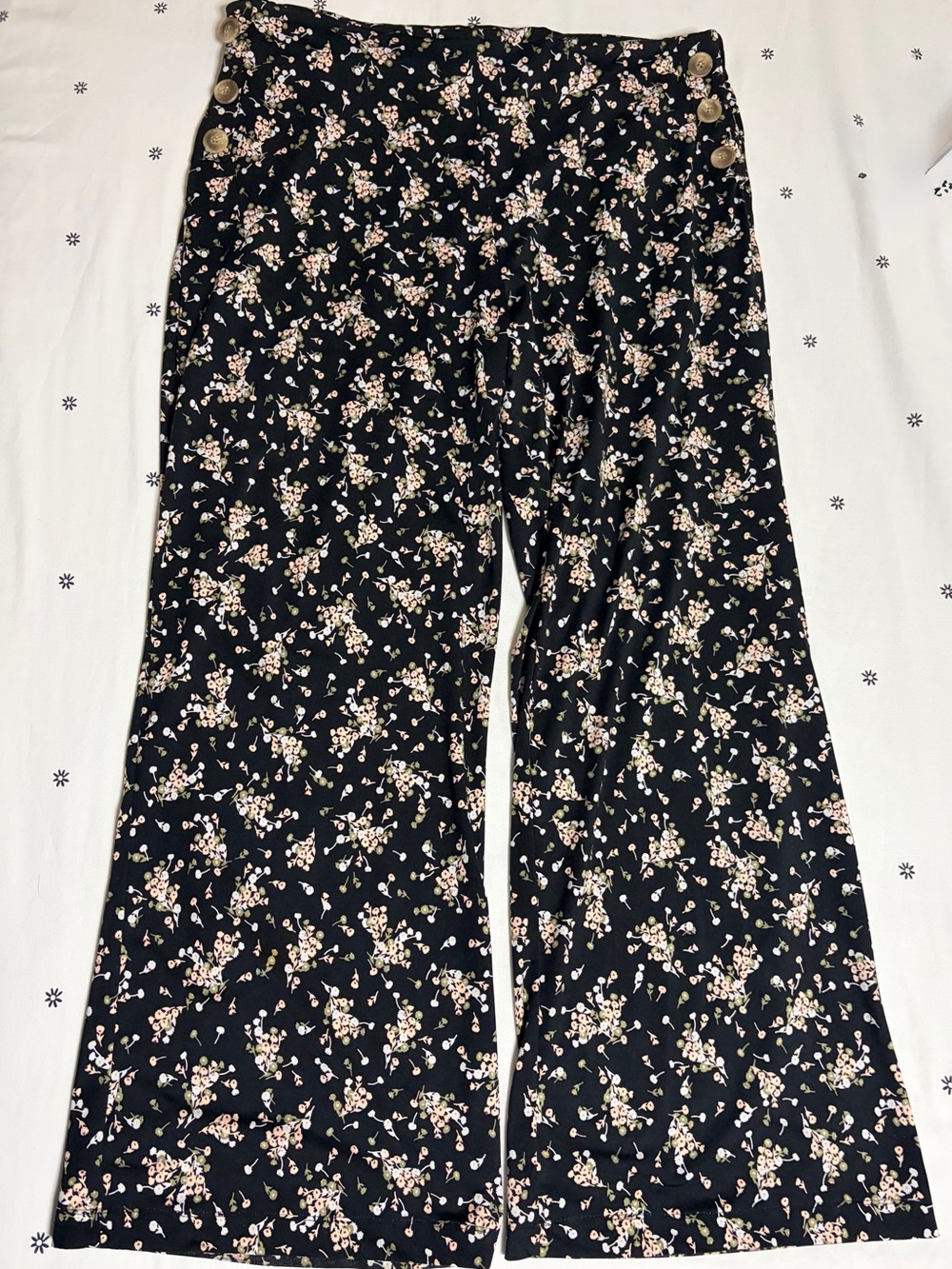 Robert Louis Black Floral Wide-Leg pants with Button Detail